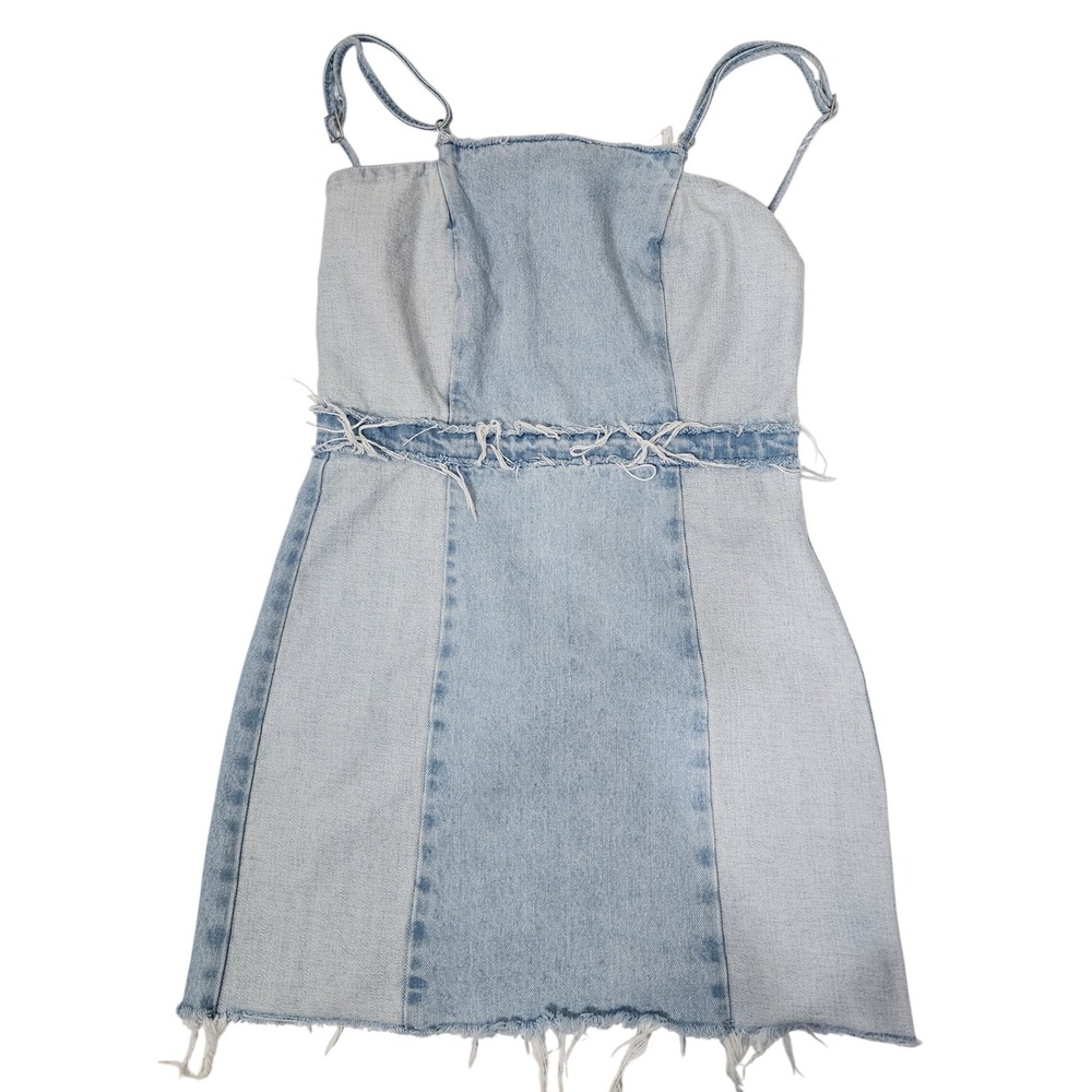 Zara TRF Denim Makers Light Wash Mini Dress XS distressed Open Back cotton - Picture 11 of 13